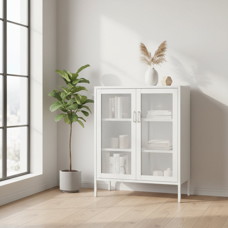 32" White Metal Accent Cabinet - Modern Storage & Display | Gift Idea, White