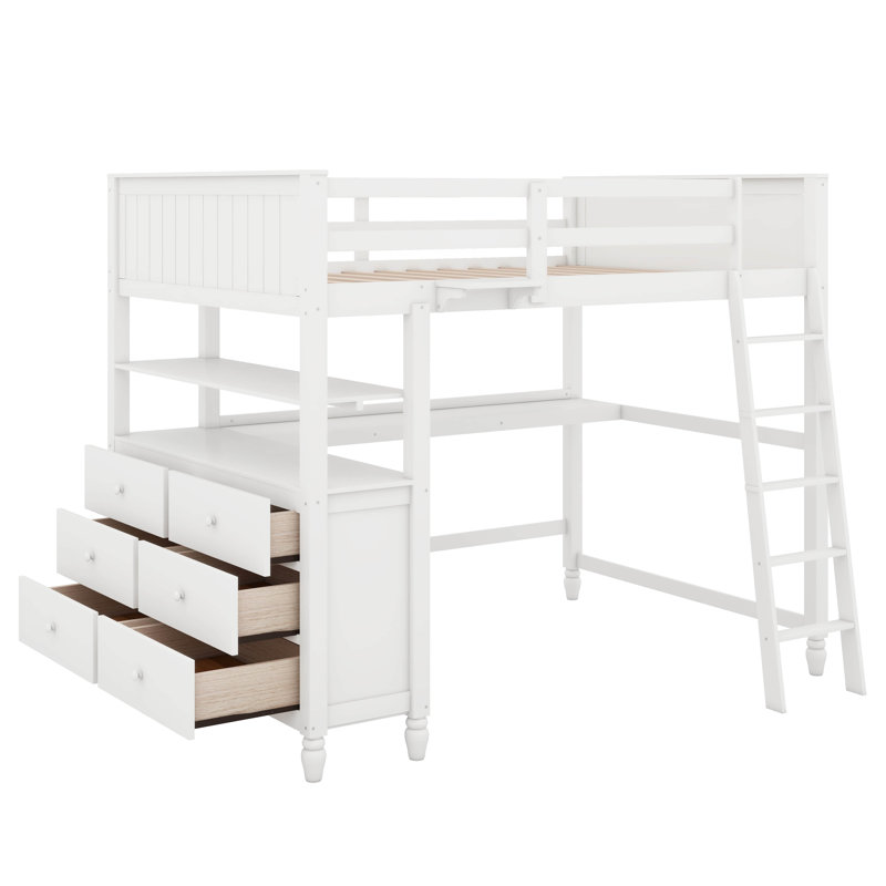 Lit mezzanine simple avec tiroirs, bureau et tablettes, Lit double