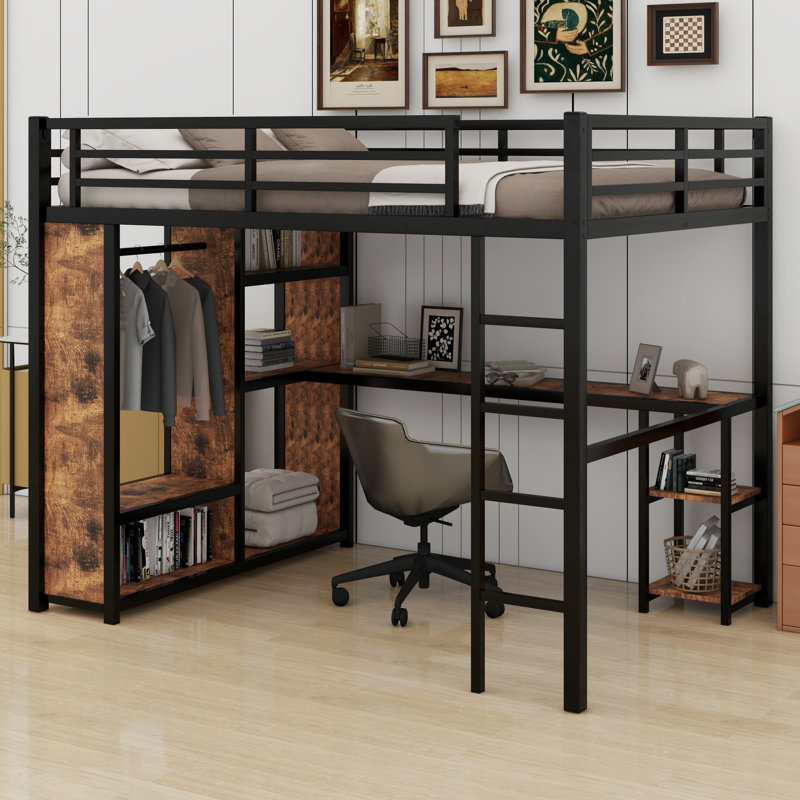 Structure de lit mezzanine avec garde-robe, bureau et tablettes de rangement
