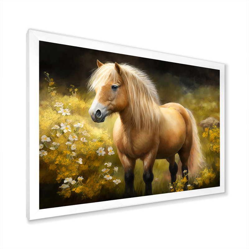 Poney doré dans un pré de fleurs - impression, H 12 po x l 20 po x P 1 po, Cadre simple blanc