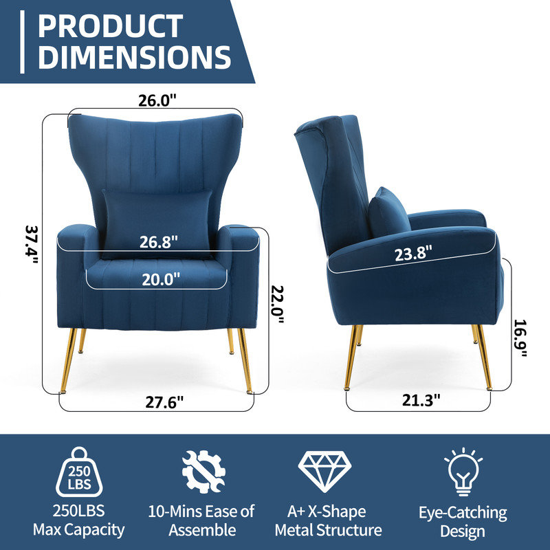 Upholstered velvet armchair, Bleu saphir