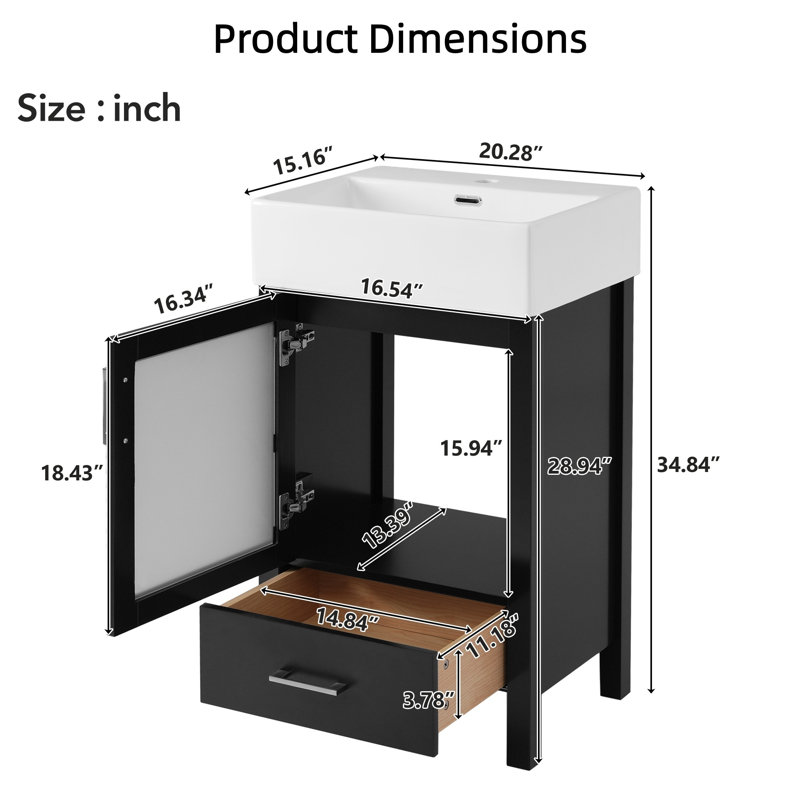 [Meuble-lavabo en céramique de 20 po] Rangement spacieux | Conception compacte de petite salle de bain | Structure en bois moderne et surface facile à nettoyer