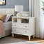 Table de chevet commode 2 tiroirs avec station de charge, table de bout Farmhouse avec ports et prises USB, table d'appoint cannelée avec pieds en bois massif-1538398623