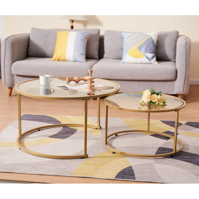 Modern Nesting Coffee Table Set of 2, Metal Frame with Tempered Glass Top, Stacking Tables for Living Room, Easy Assembly (gold frame)