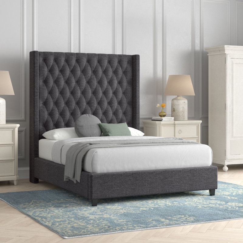 Upholstered Wingback Bed, Queen, Light Gray