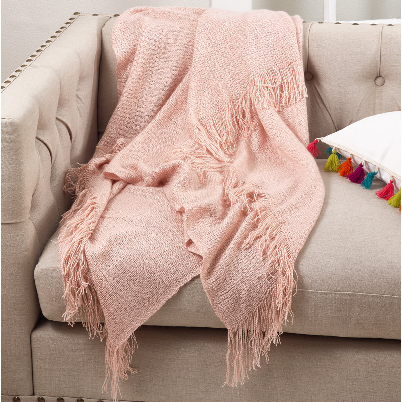 Blush Dusty Pink Cotton Woven Reversible Throw with Fringe