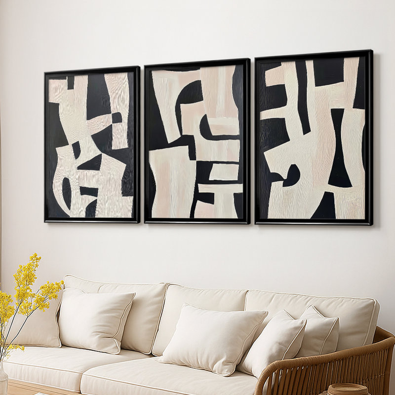ABSTRACT Series DLxxxix - Toile tendue avec châssis tendue - 3 pièces, H 21 po x l 30 po, Noir