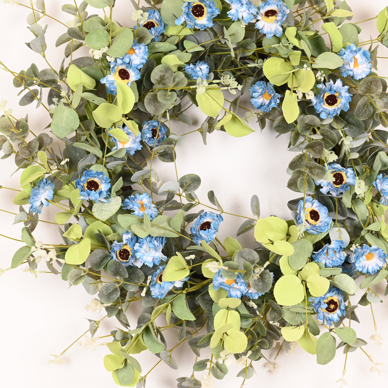 26" Handcrafted Eucalyptus Daisy Everyday Wreath, Blue