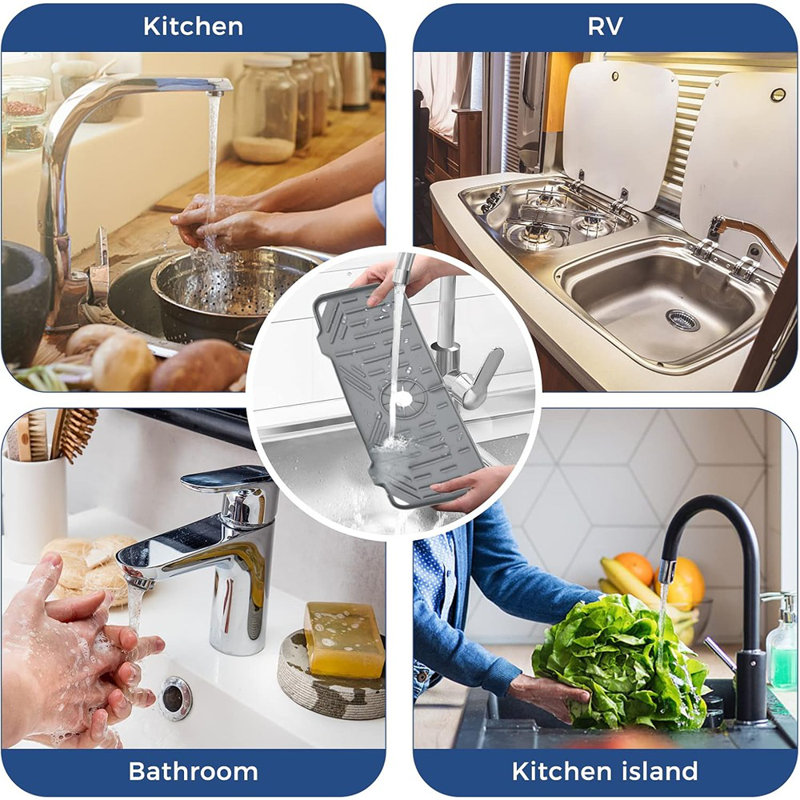 Silicone Faucet Handle Drip Catcher Tray Mat, Silicone Faucet Mat Dish Soap Sponge Holder For Kitchen Sink Accessories Gadgets, Drying Mat For Kitchen Counter Bathroom Kitchen Sink Splash Guard -Grey