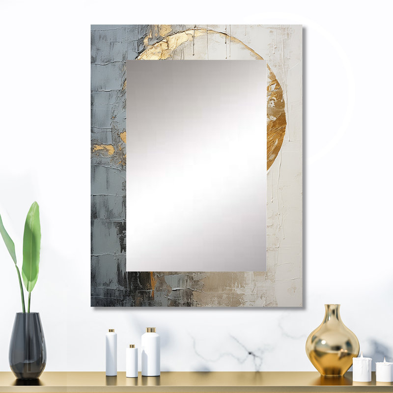 Minimalism Grey Gold Moon Poteries - Abstract Spirals Mirror, Gray Unique Wall Mirror, Printed Metal Art, 32" x 24"