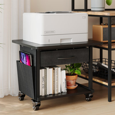 Support d'imprimante à 2 niveaux de qualité industrielle avec rangement, table d'imprimante avec rangement et tiroir, tablette robuste pour petits espaces, organisation de bureau pour le bureau à domicile