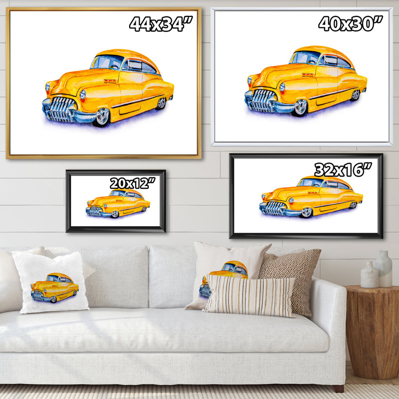 Voiture rétro jaune - peinture sur toile, H 25 po x l 33 po, Cadre noir