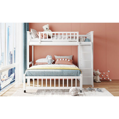 White Wooden Bunk Bed With Six Drawer Capacity And Custom Shelving Twin Over Full 6 Functionality Movable Shelf Layout -