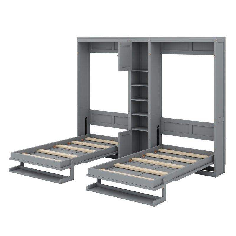 Deux lits escamotables doubles avec armoires et tablettes, gris