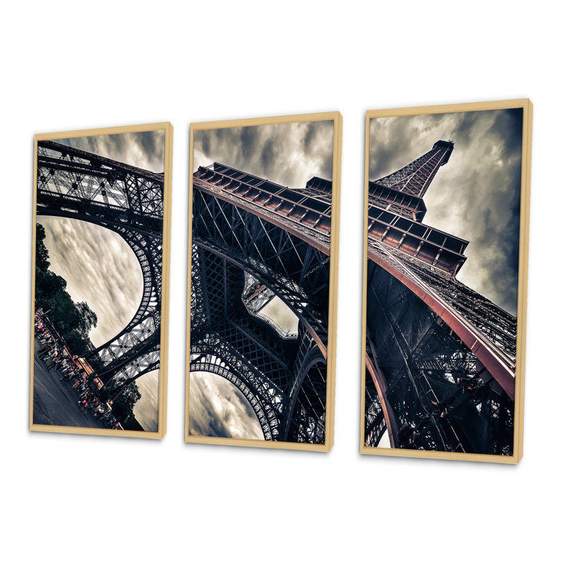 Paris Paris Eiffel Towerin Grungy Dramatic Style - Cityscape, ensemble d'art mural sur toile, encadré de 3, Encadré naturel
