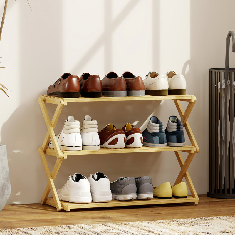 HOMCOM Bamboo Shoe Rack, Folding Shoe Shelf, No Assembly, 45.5cm H x 60cm W x 29cm D