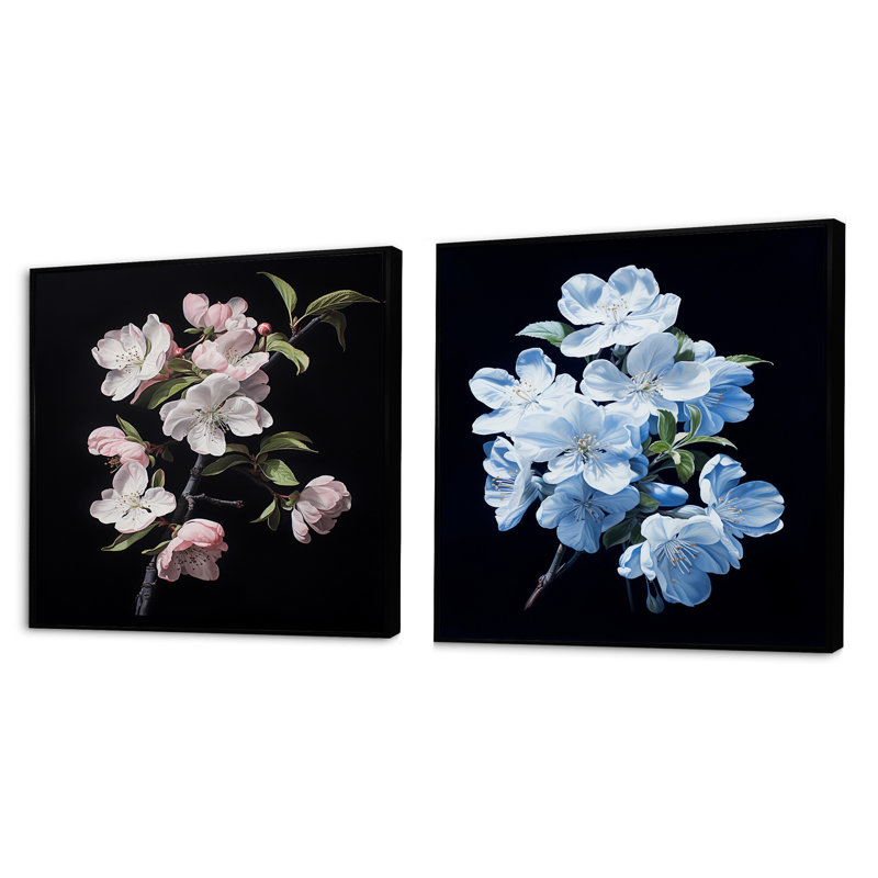 Élégance monochromatique blanche à motif de fleurs de pommier blanc, Cadre flottant noir, H 16 po x l 33 po