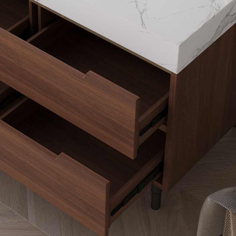 Lioren 35.4" Modern Sintered Stone Vanity With Soft-Close Drawers And Waterproof Wood, Walnut