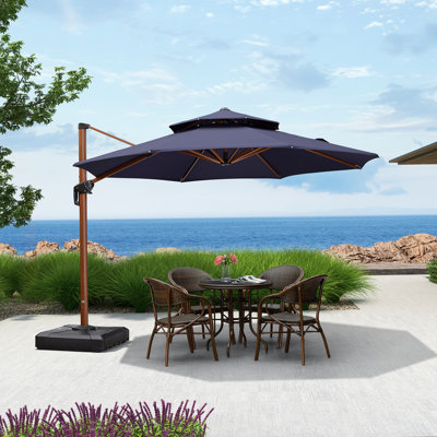 Parasol en porte-à-faux rond en bois 11 pi Yaresli, bleu marine