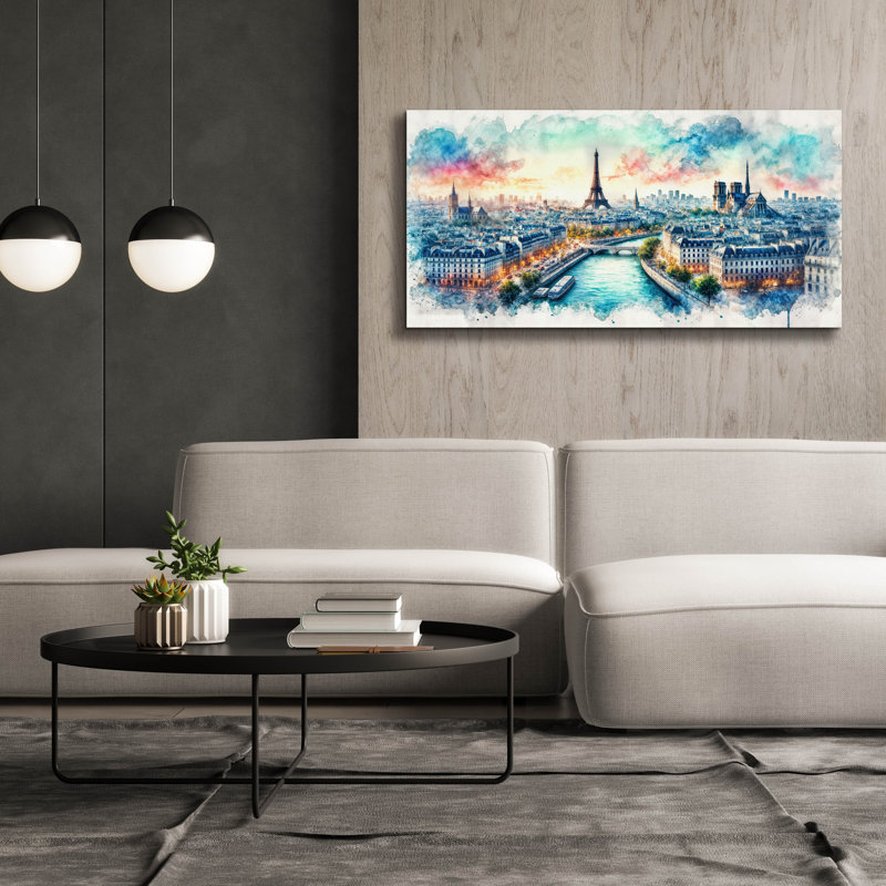 «Paris France Watercolor» par Rey Klimt, art mural sur toile, H 30 po x l 60 po