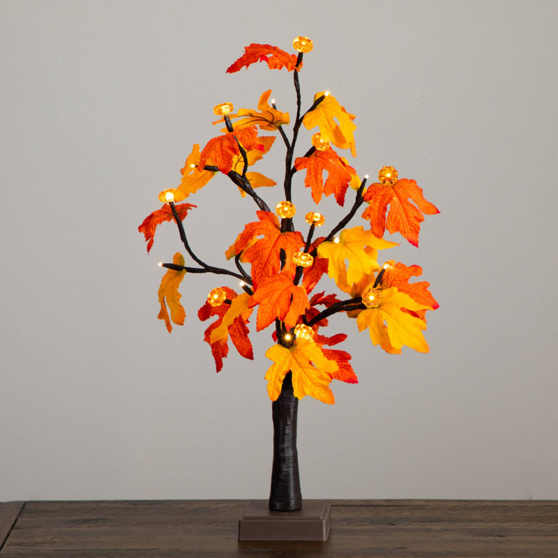 2 pi. Arbre d'automne artificiel pré-éclairé avec 24 lumières DEL blanc chaud et forme de citrouille avec base amovible