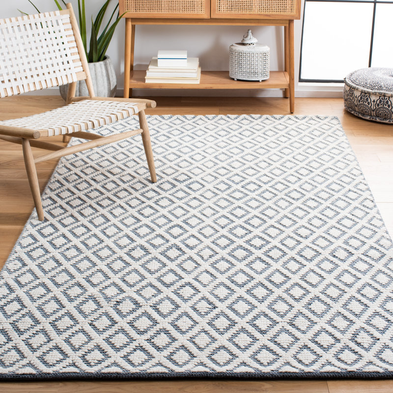 Tapis géométrique bleu / ivoire en laine tissé à la main, Rectangle 6 pi x 9 pi