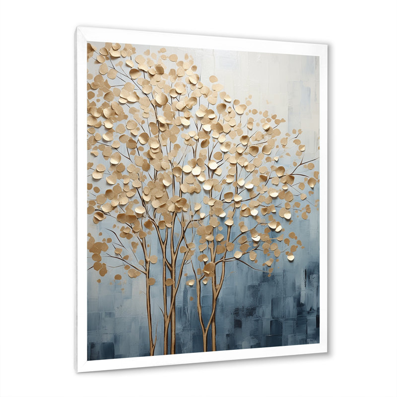 Minimalisme, arbres dorés et bleus scène VII - arbres, art mural, H 32 po x l 16 po x P 1 po, Cadre simple blanc