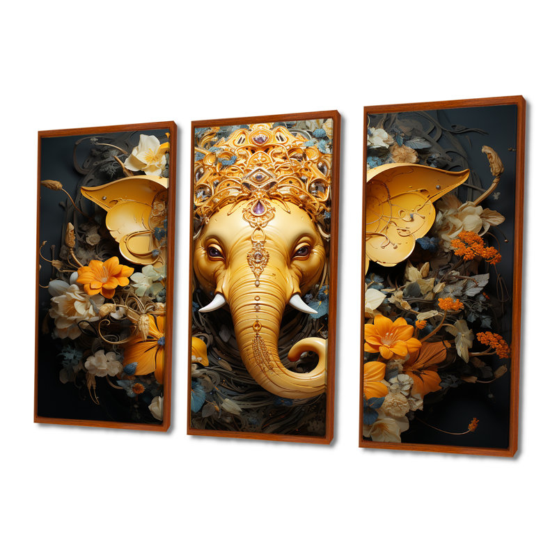 «Hindu Ganesha Elephant God Curmeric Tints», ensemble d'art sur toile, H 32 po x l 48 po x P 1 po, Cadre flottant brun