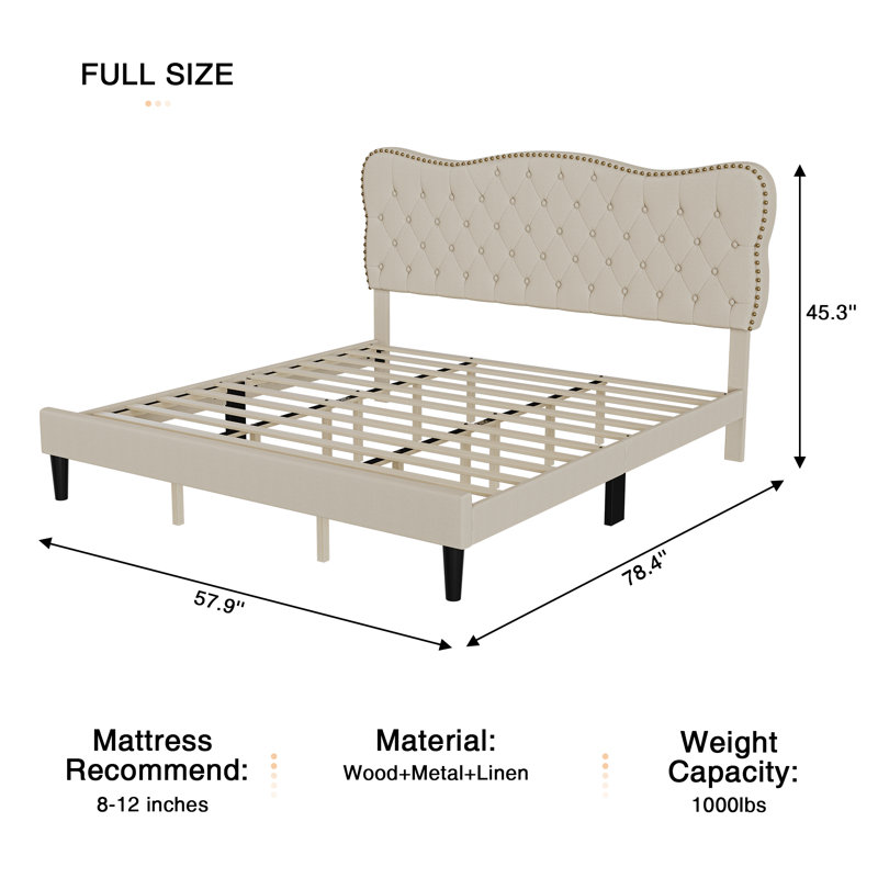 Lit plateforme capitonné Cadarrah, Double, Beige