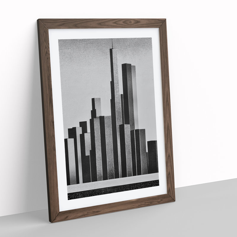 Monochrome City Skyline Abstract No.6 - Wall Art, 34cm H x 25cm W x 2cm D, Walnut Frame