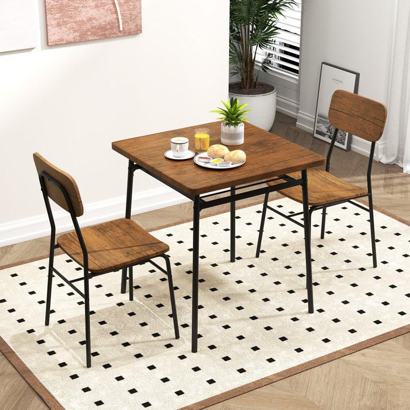 3-Piece Wood Square Kitchen Table & Chair Set w/ Metal Frame Storage Rack