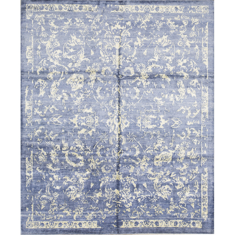 Tapis bleu foncé et doré de haute qualité noué à la main