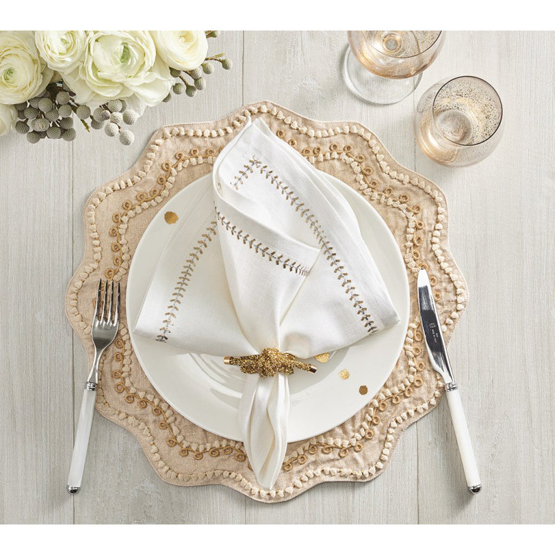 Herringbone Linen Napkin, White/Gold/Silver