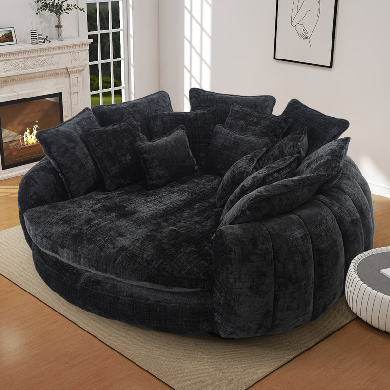 81" Oversized Round Chaise Lounge Sofa Bed with Chenille Upholstery and 14 Pillows, Black