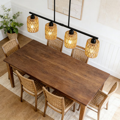 Farmhouse Rattan Pendant Light Fixture, 4-Light Adjustable Height Woven Chandelier For Kitchen Island, Dining Room, Boho Coastal Rustic Ceiling Lighting