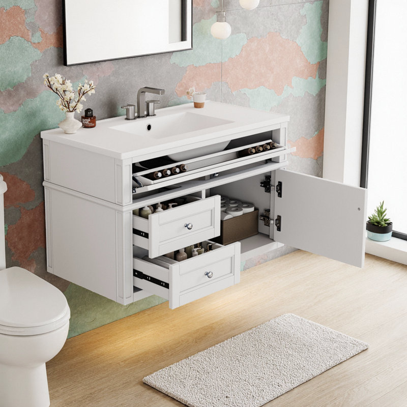 Meuble-lavabo mural avec lavabo en céramique et charnières à fermeture en douceur, Blanc
