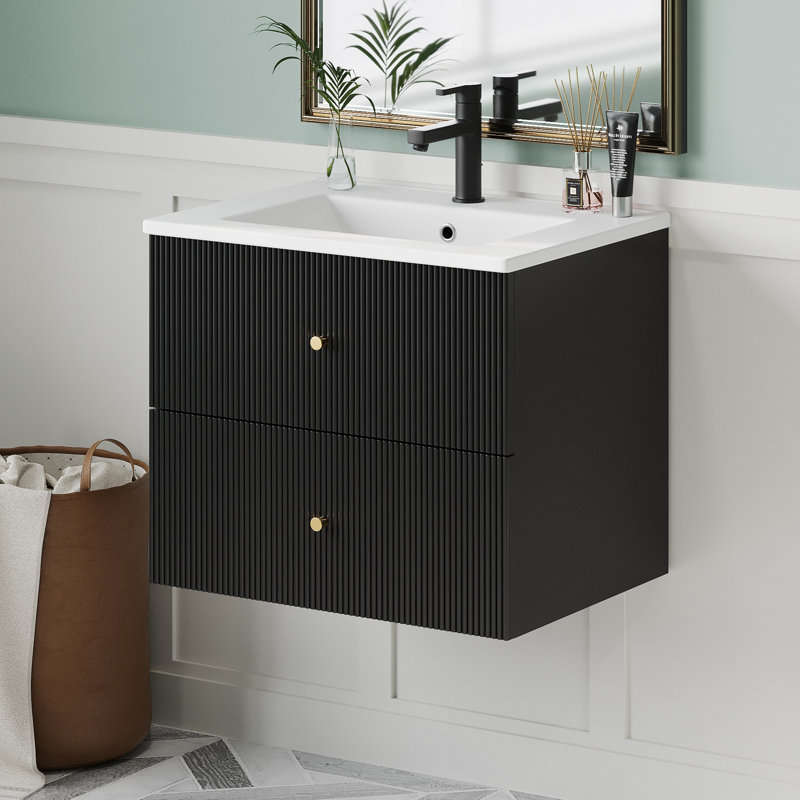 Meuble-lavabo mural moderne avec 2 tiroirs, Noir, noir, noir, noir