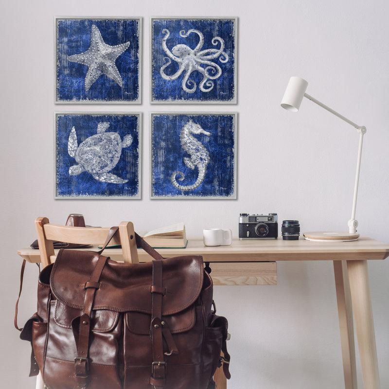  «Sea Life on Abstract Blue», ensemble de 4 giclées par Paul Brent, H 17 po x l 17 po, Estampe numérique Farmhouse