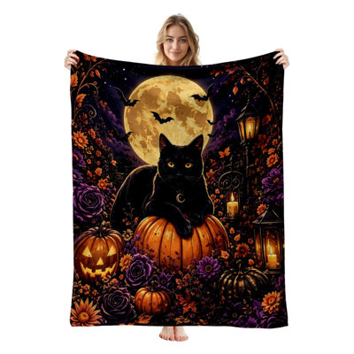 Couverture polaire en flanelle JYK pour l'Halloween, légère, respirante, douce et chaude en microfibre pelucheuse, 127 x 152 cm, motif chats noirs et citrouilles