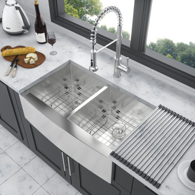 33" Stainless Steel Farmhouse Kitchen Sink, 16 Gauge, Double Bowl (50/50), Apron Front, 9" Deep Basins | Gift Idea