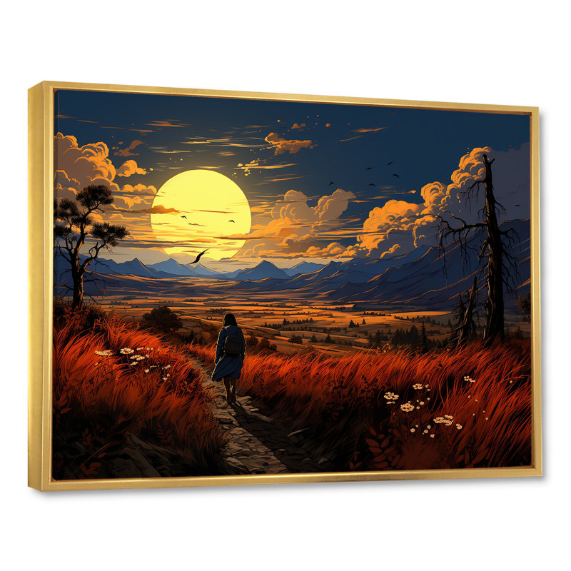 Coucher de soleil au coucher du soleil, chemin de paysage II - art mural paysage, Cadre flottant doré