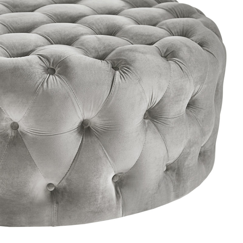 Willa 42" W Tufted Round Cocktail Ottoman, Light Gray Velvet, Velvet