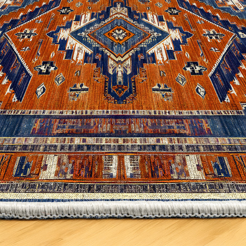 Tapis bleu marine en coton et polyester à imprimé numérique Martwon Collection, Tapis de couloir 3 pi 4 po x 7 pi 3 po