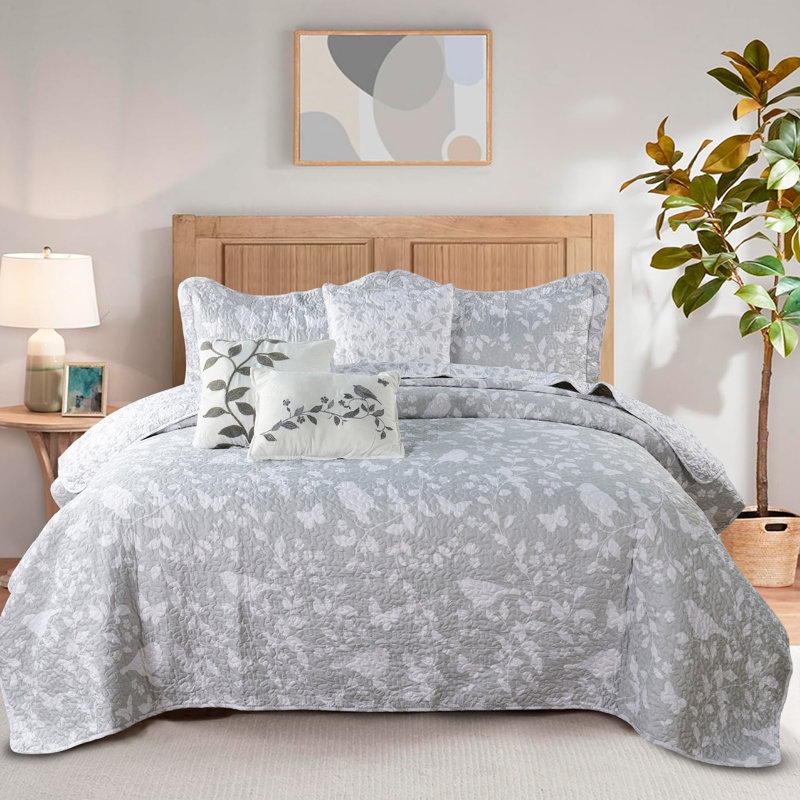 6 Piece Birdsong Reversible Microfiber Quilt Set, Gray/White, Queen Coverlet + 2 Queen Shams + 3 Throw Pillows