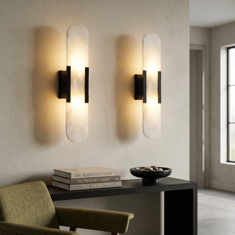 19.7in Dimmable Wall Mounted Sconce with Alabaster Shade,Modern 2-lights Wall Light with G9 Bulbs, Black