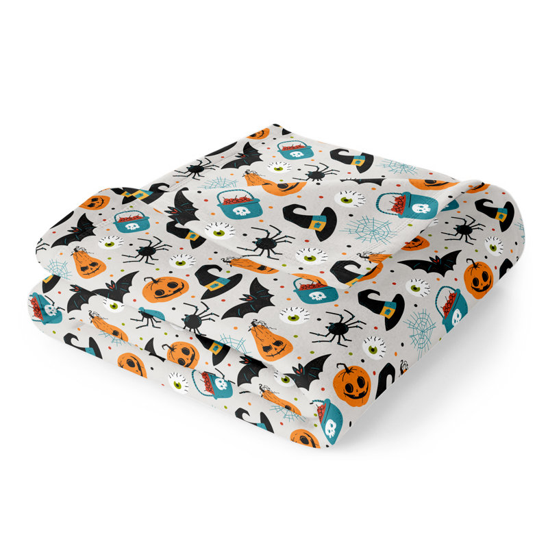 Jeté velours peluche Halloween, Blanc / noir / orange
