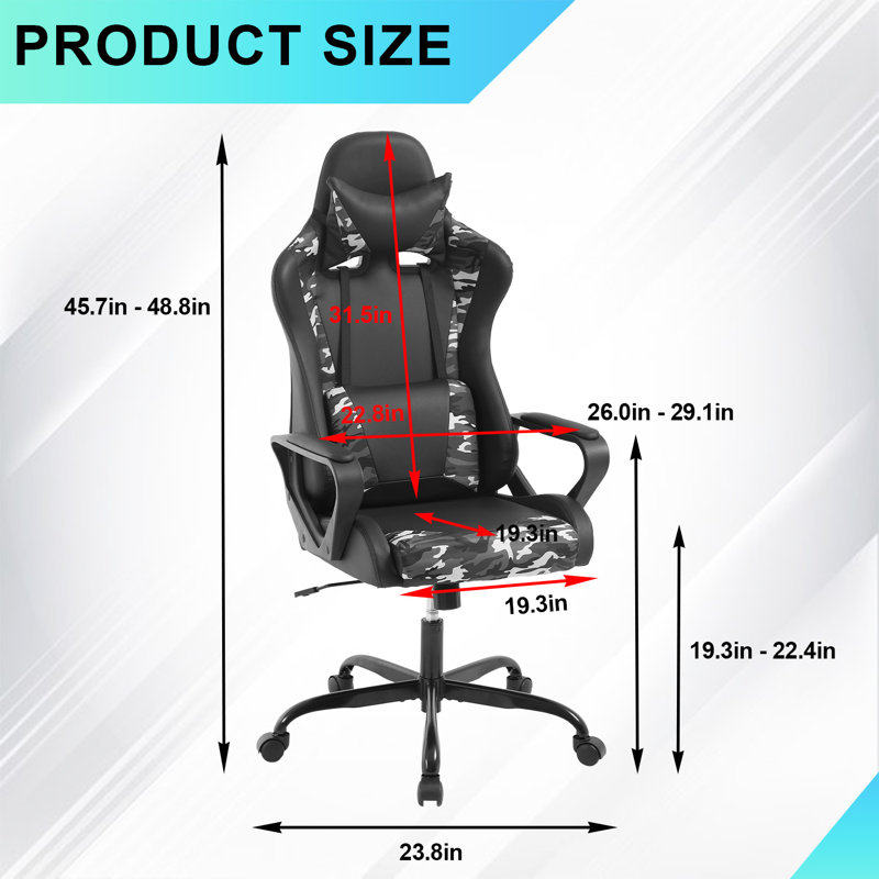 Adjustable High-Back Executive Gaming Chair With Lumbar Support And Rolling Casters For PC Executive High-Back Chair For Gaming And Office With Ergonomic Features, PU Leather, Camo