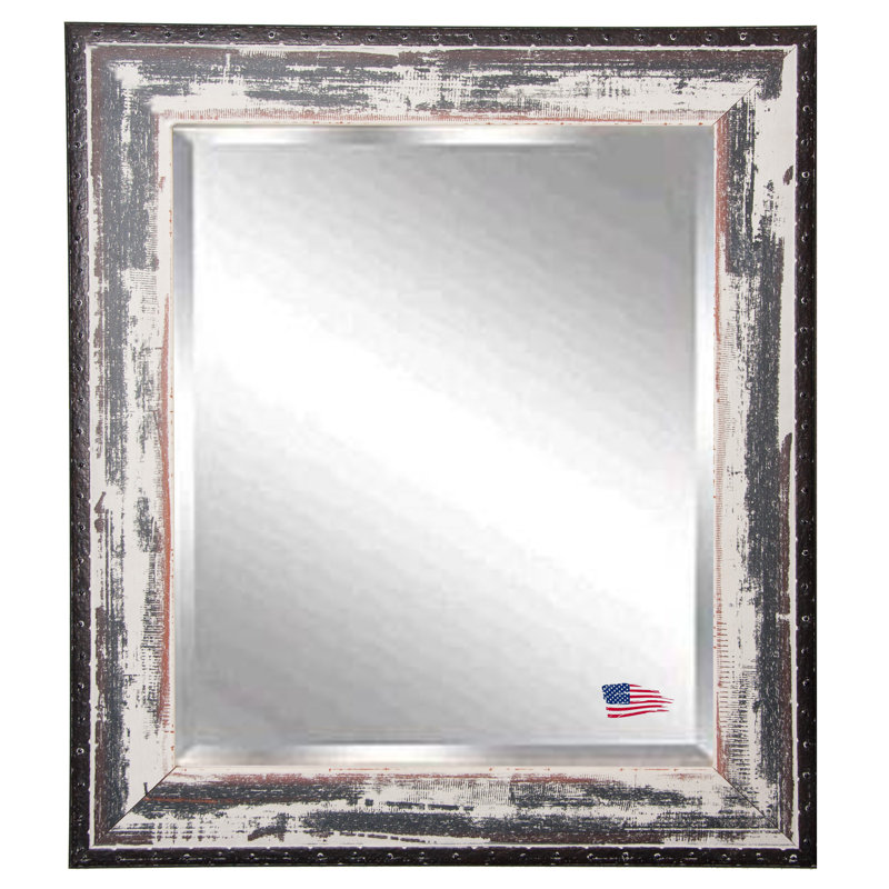 Solid Wood Flat Wall Mirror, Weathered Whitewash/Dark Rivet, 37.5" H x 33.5" W