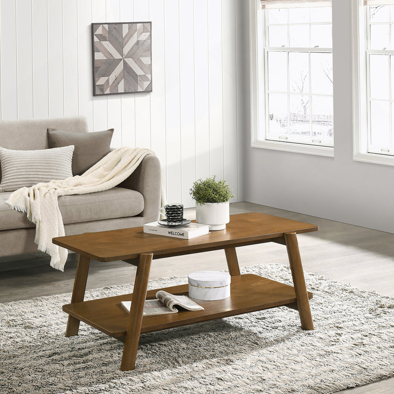 Table basse rectangulaire avec plateau en bois manufacturé et tablette