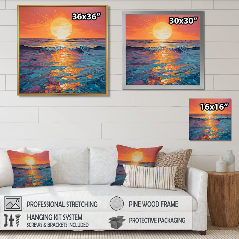 Golden Sunset Reflections Of Calm Ocean Blue Waves - Sunset, impression d'art mural, Toile encadrée flottée blanche